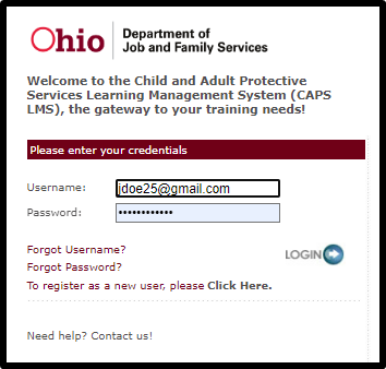 Example of login credentials for the CAPS LMS login screen.