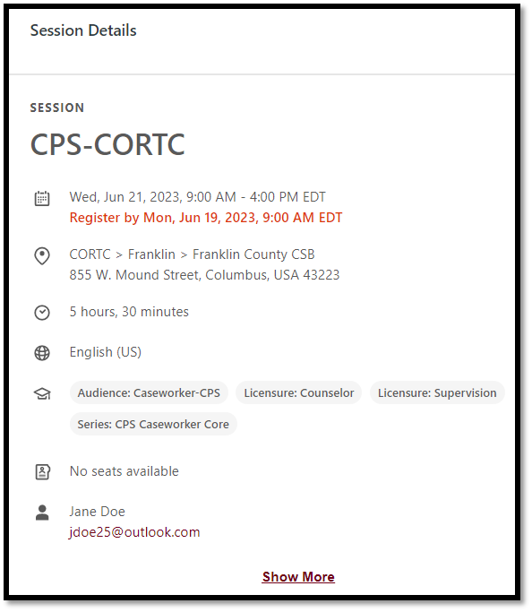 Example of session details. Session is CPS-CORTC, and includes date, location/address, length, language, intended audience, and organizer email.
