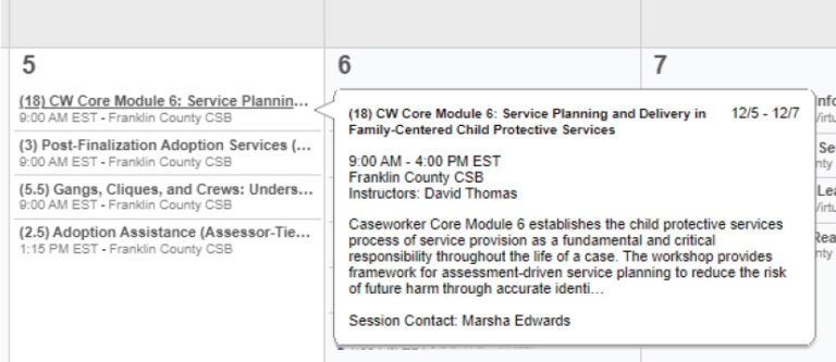 Example of details within a training session module inside the CAPS LMS.